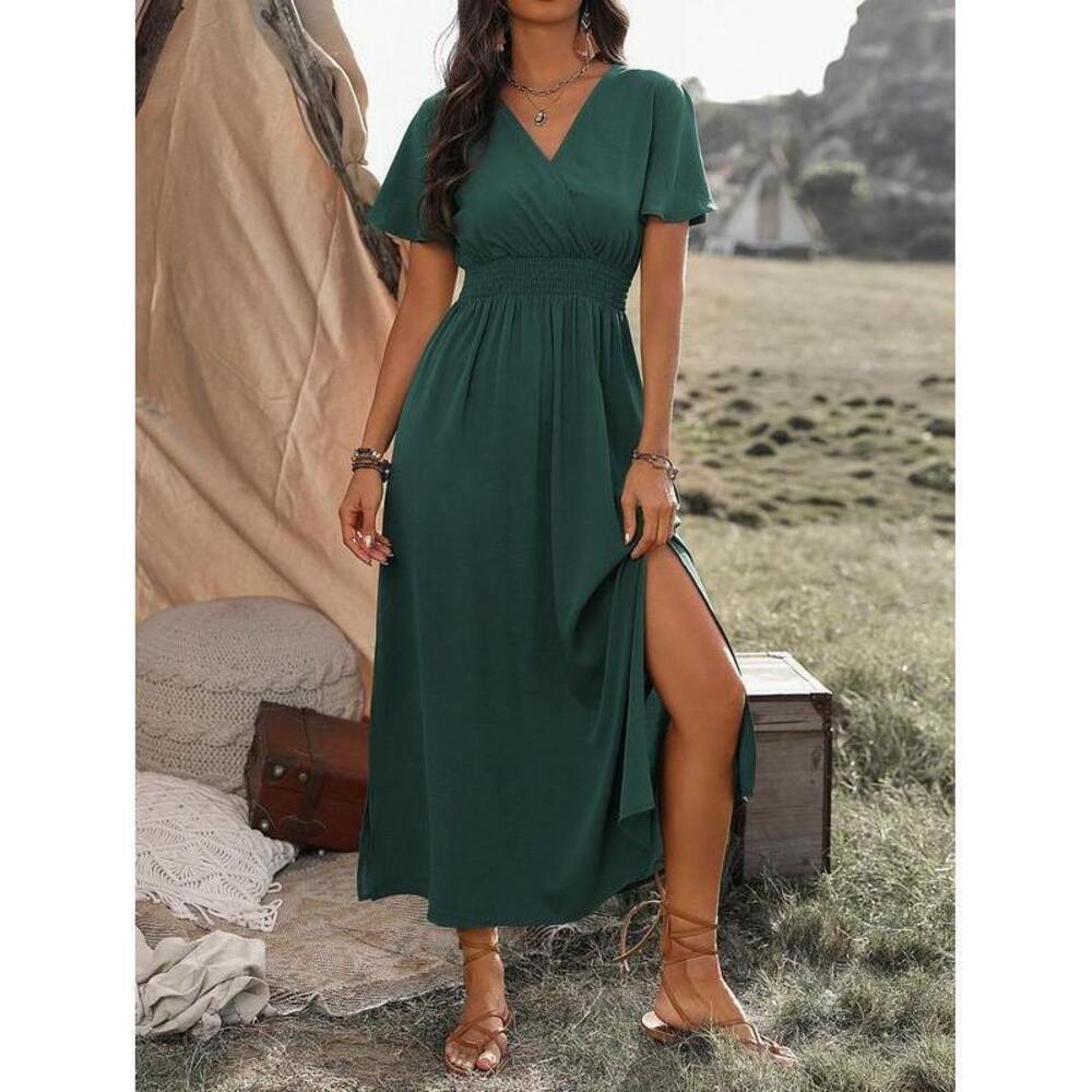 Wandoria Dark Green V-Neck Slit Maxi Dress, Boho - Picture 5 of 7